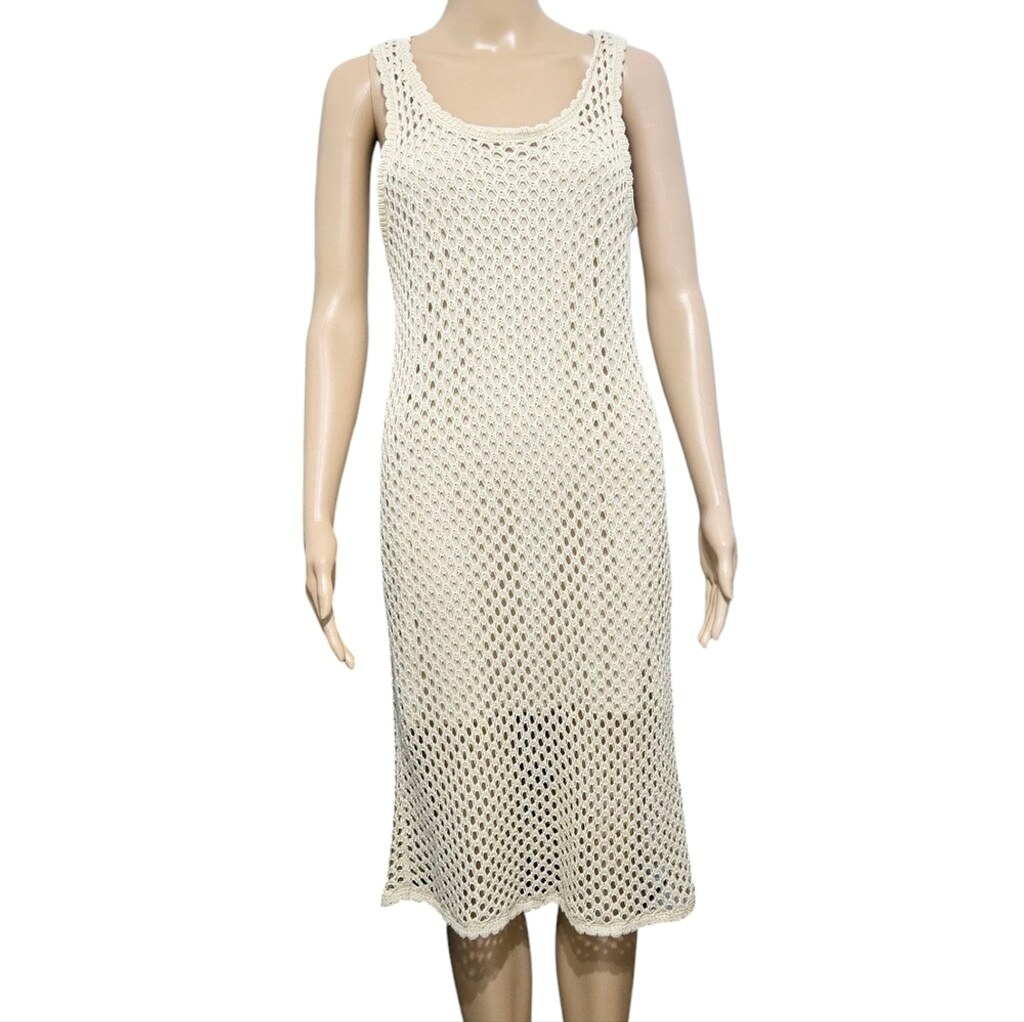 Kensi Lined Cream Crochet Sleeveless Summer Midi Dress Size Medium