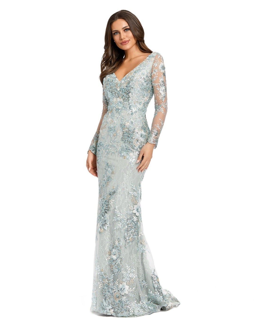 Mac Duggal Floral Embellished V-Neck Illusion Long Sleeve Gown 67539 Seamist 18