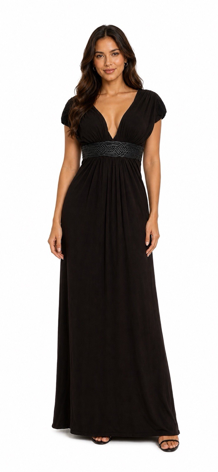 SKY Dress Belt Front Black V neck Sleeveless Midi A line Empire Waist XS