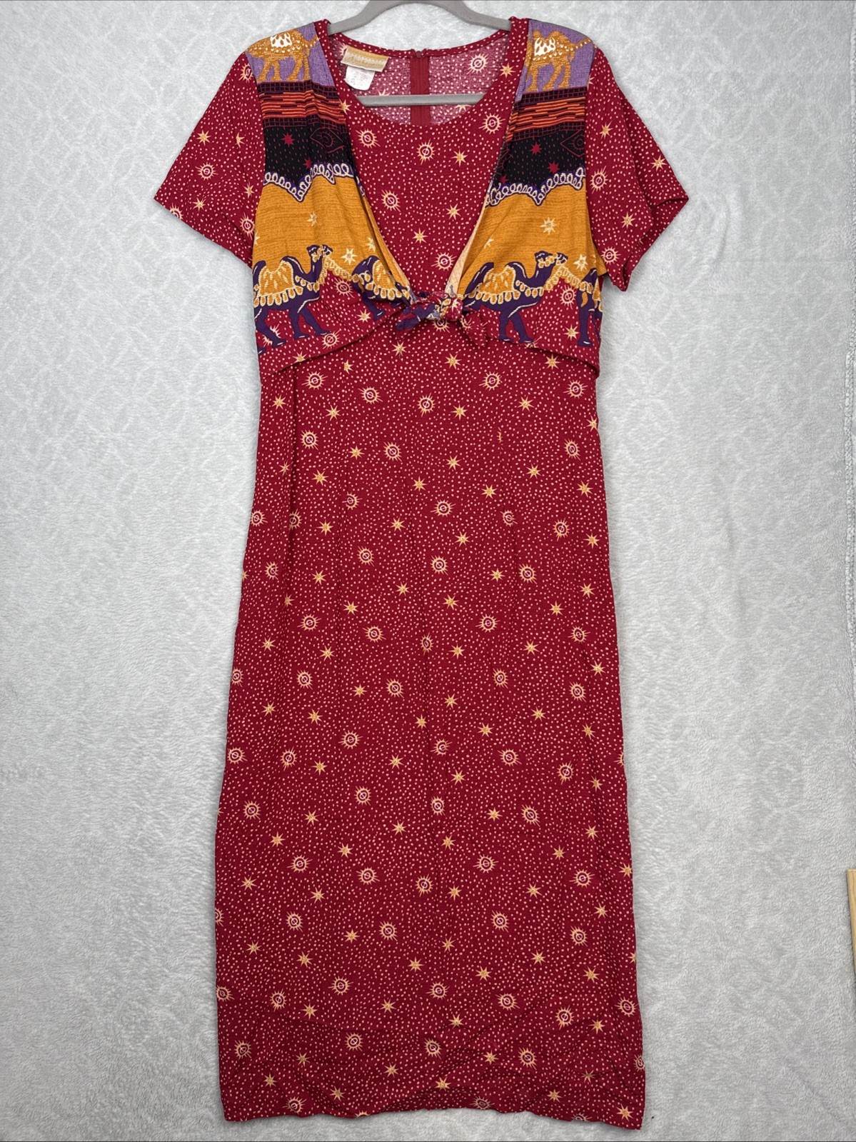 VTG 90s Maxi Dress Large Red Gold Camel Celestial Stars Witchy Gypsy Hippie Boho