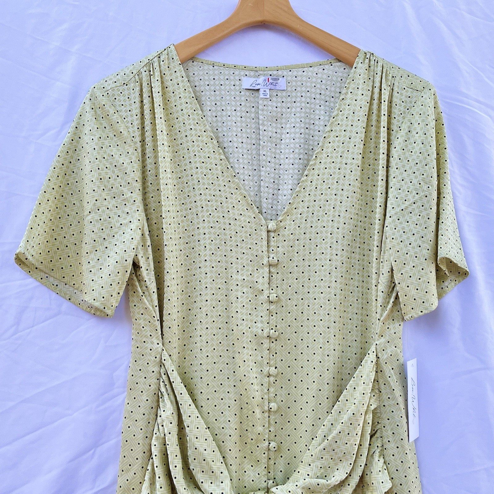 ANTHROPOLOGIE X LOVE, WHIT CITRON DOT TIE WAIST MIDI DRESS
