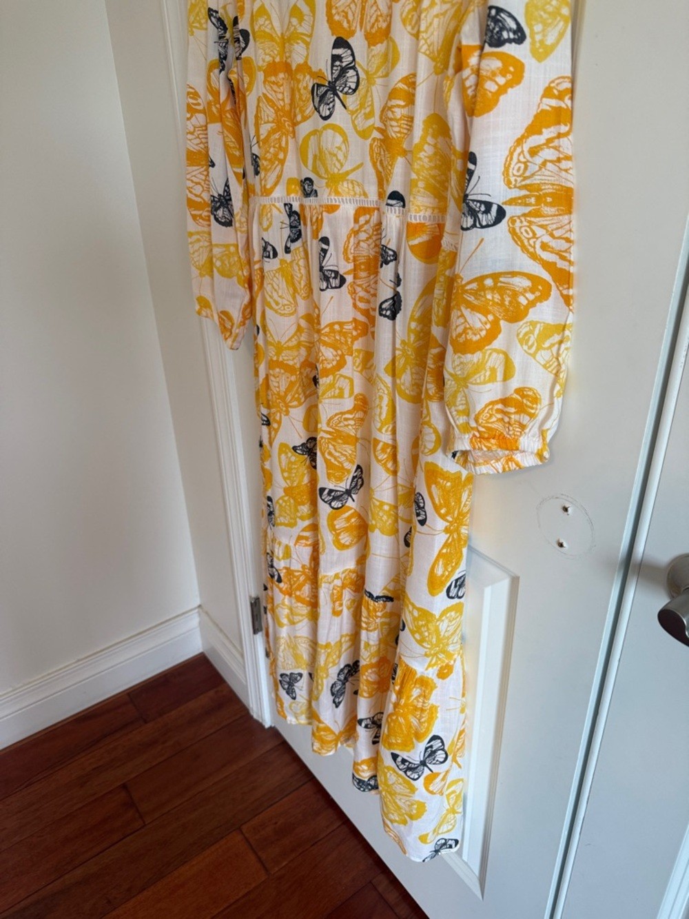 Sweet Magnolia Yellow & White Butterfly Print Tiered Midi Boho Dress Large
