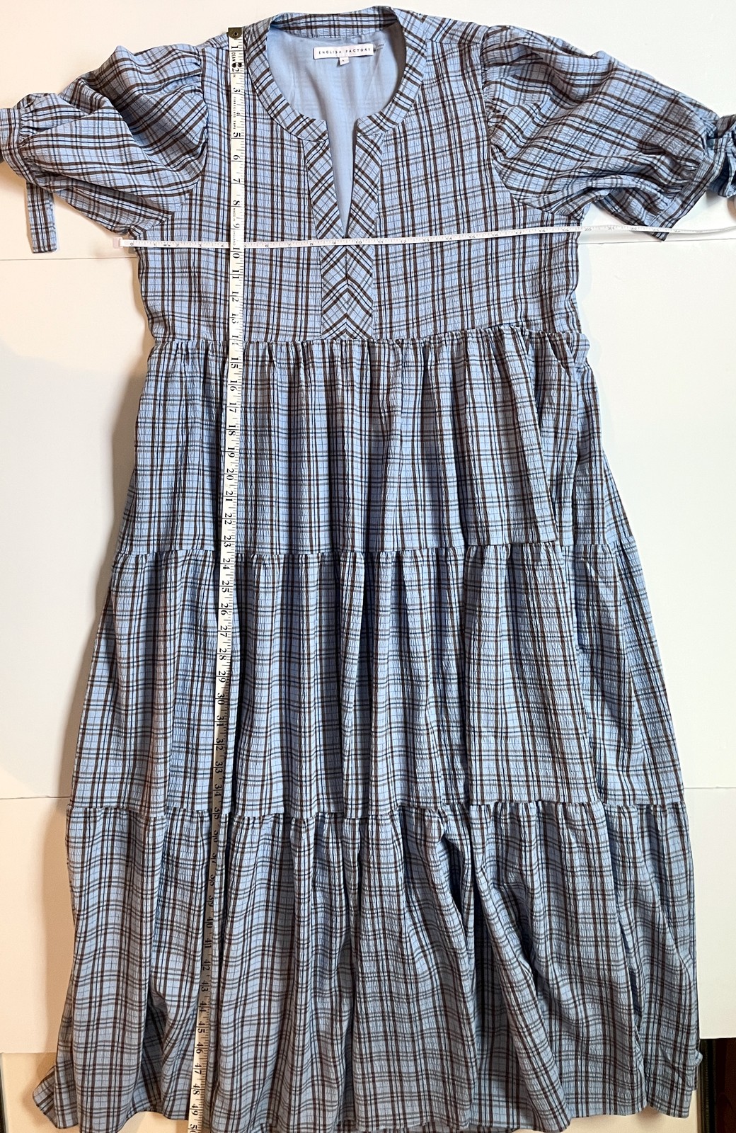 English Factory Blue Plaid Tiered Maxi Dress Puff Sleeve Tie Cuff Split V-Neck L