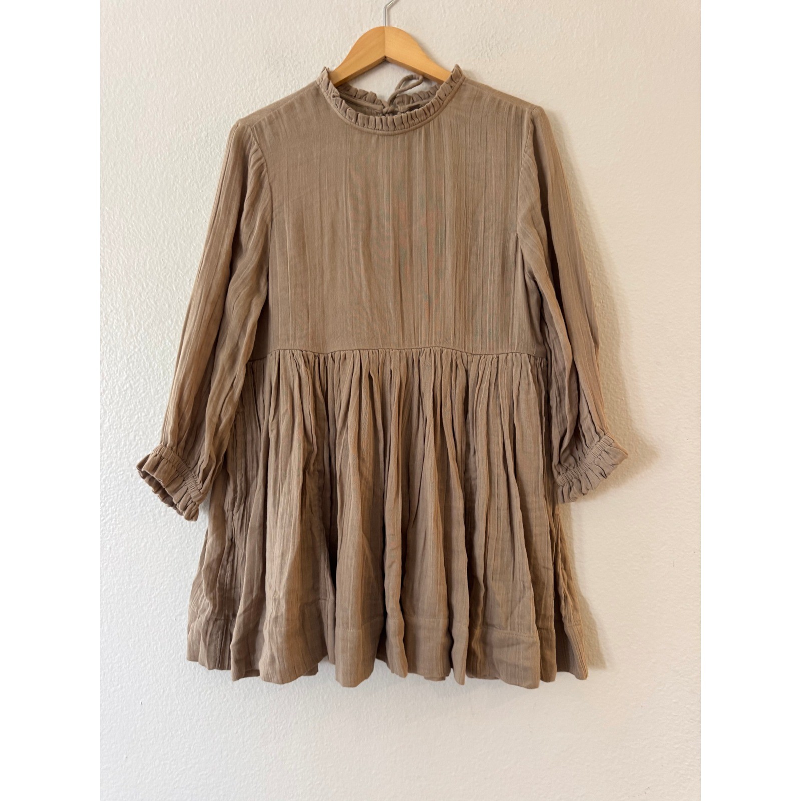 Free People Babydoll Mini Dress Cotton Gauze Ruffle Neck M Taupe Brown Excellent
