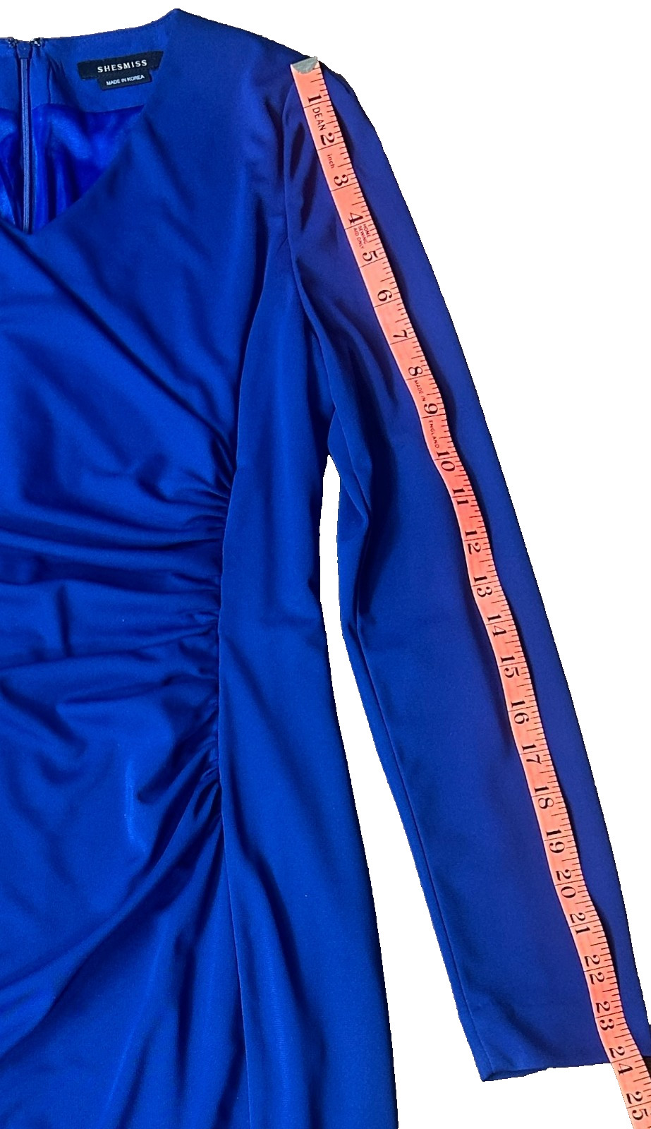 Shesmiss Blue Long Sleeve Polyester V-Neck Ruched Dress Made In Korea, Sz 4 -EUC