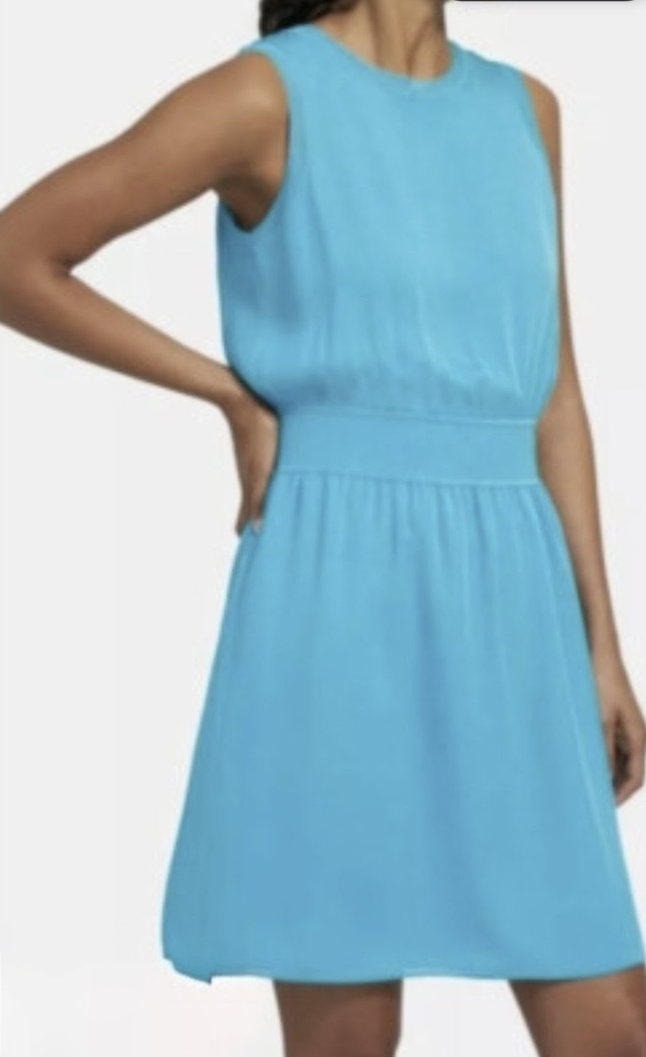 Theory Rib-Trim Mini Dress Vibrant Fiji Blue Silk Sleeveless Size L NWOT