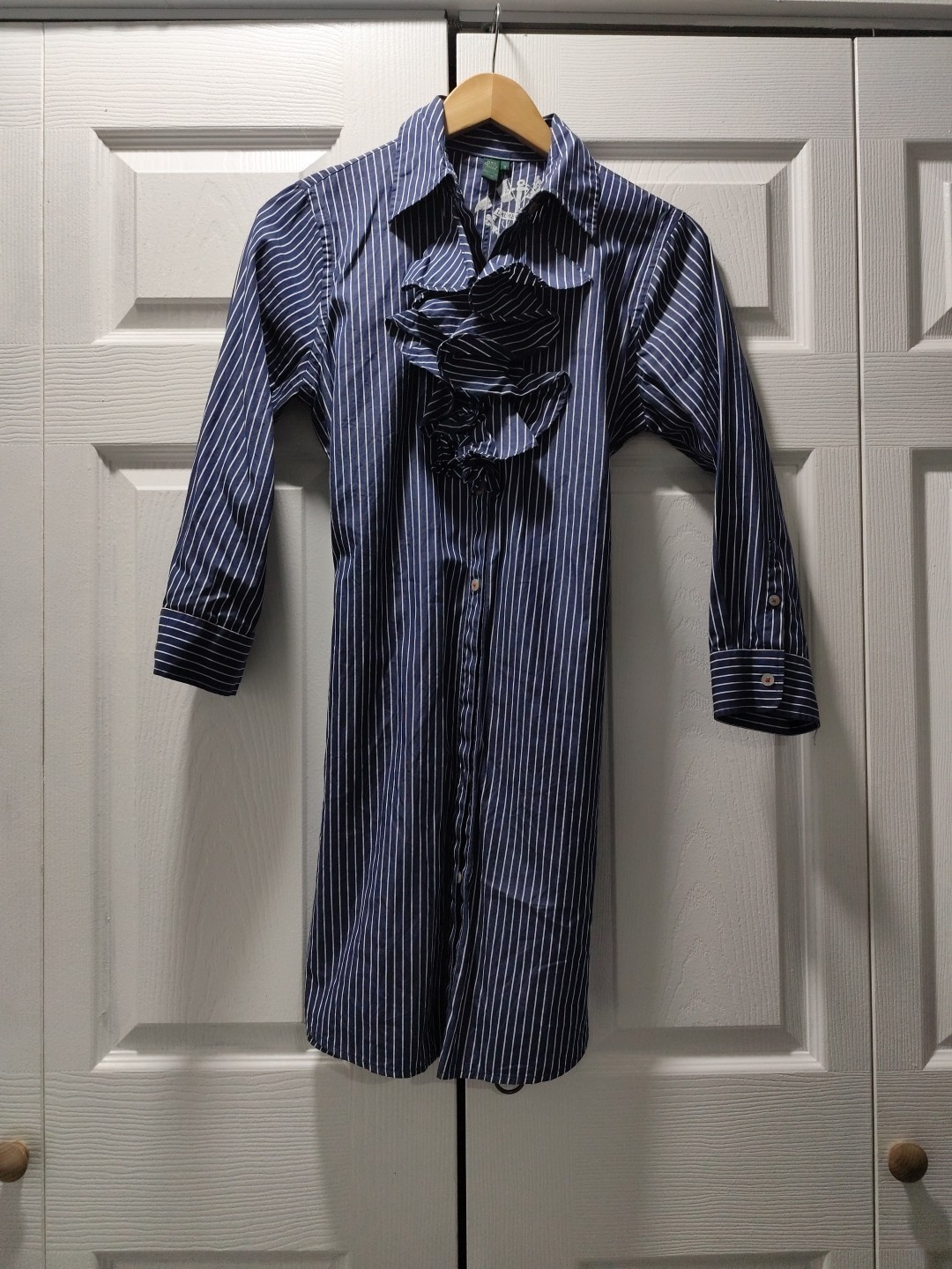 lauren jeans company Blue/White Striped Ruffle 3/4 Sleeve Shirt Dress/Tunic M