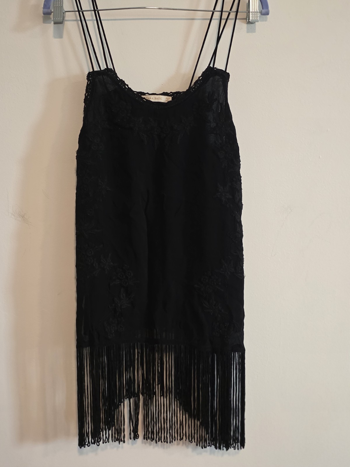 Vintage Y2K Zara Basic Black Lace Embroidered Fringe Mini Dress Slip Camisole S