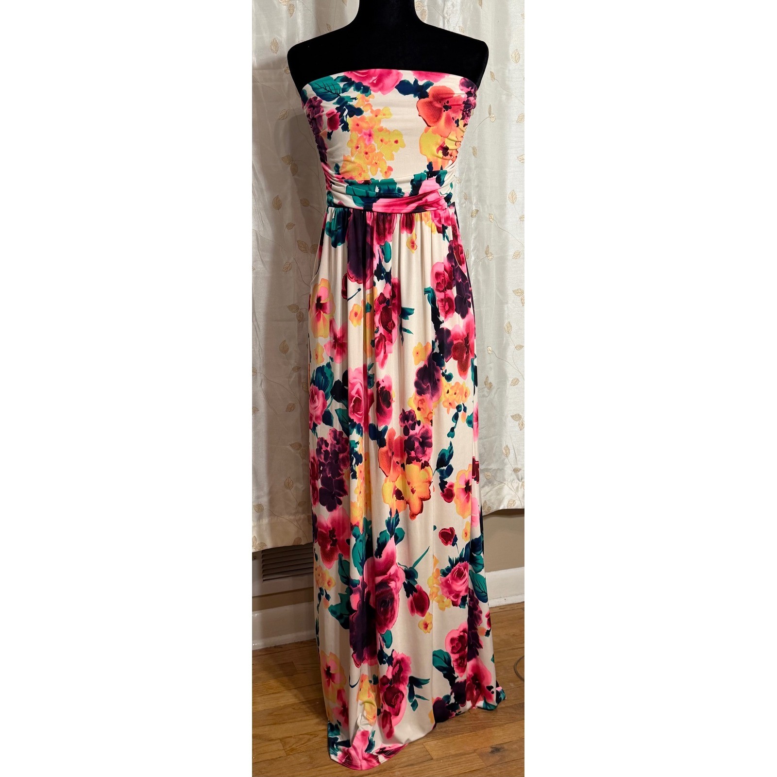 Floral Strapless Maxi Dress Pink Orange Ruched Empire Waist Summer Gown Women