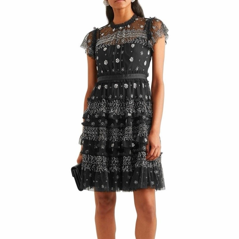 Needle & Thread Black Andromeda Embellished Tulle Mini Dress Black Sz US 8
