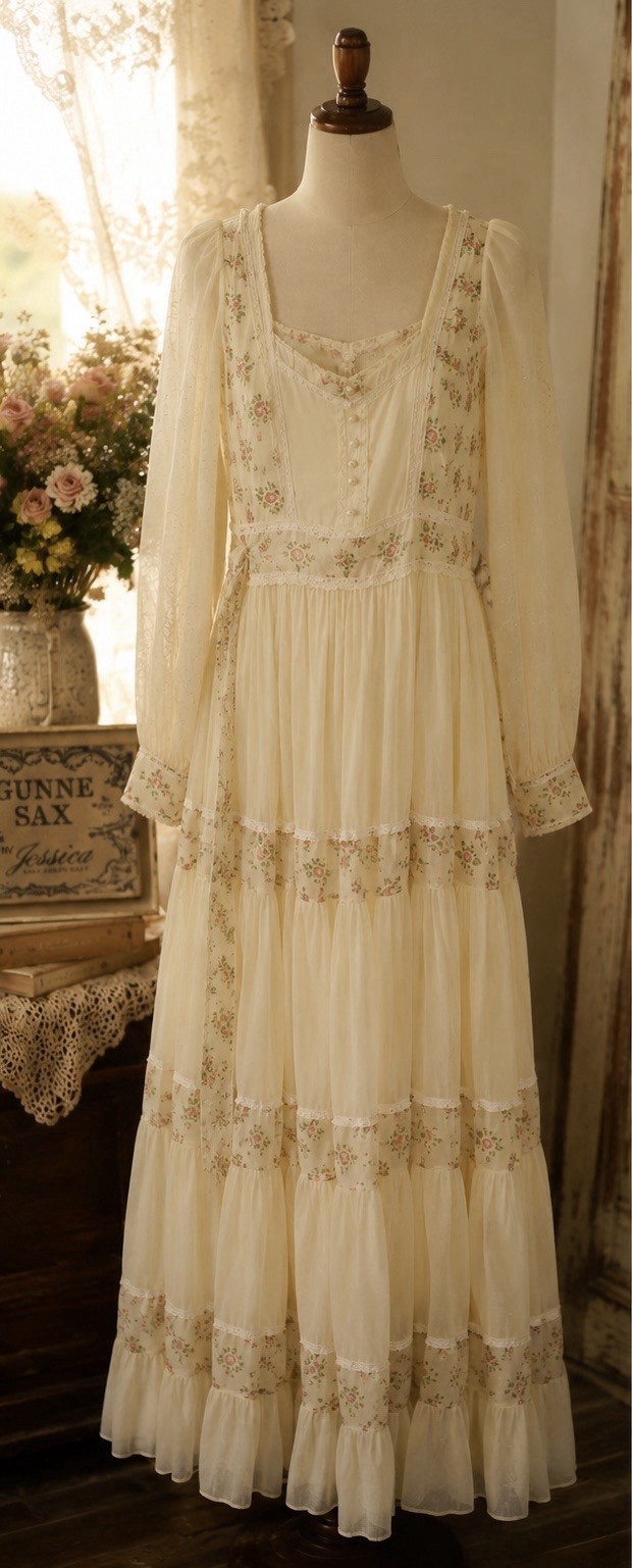 Vintage Gunne Sax Jessica McClintock Prairie Floral Cottagecore Maxi Dress Med