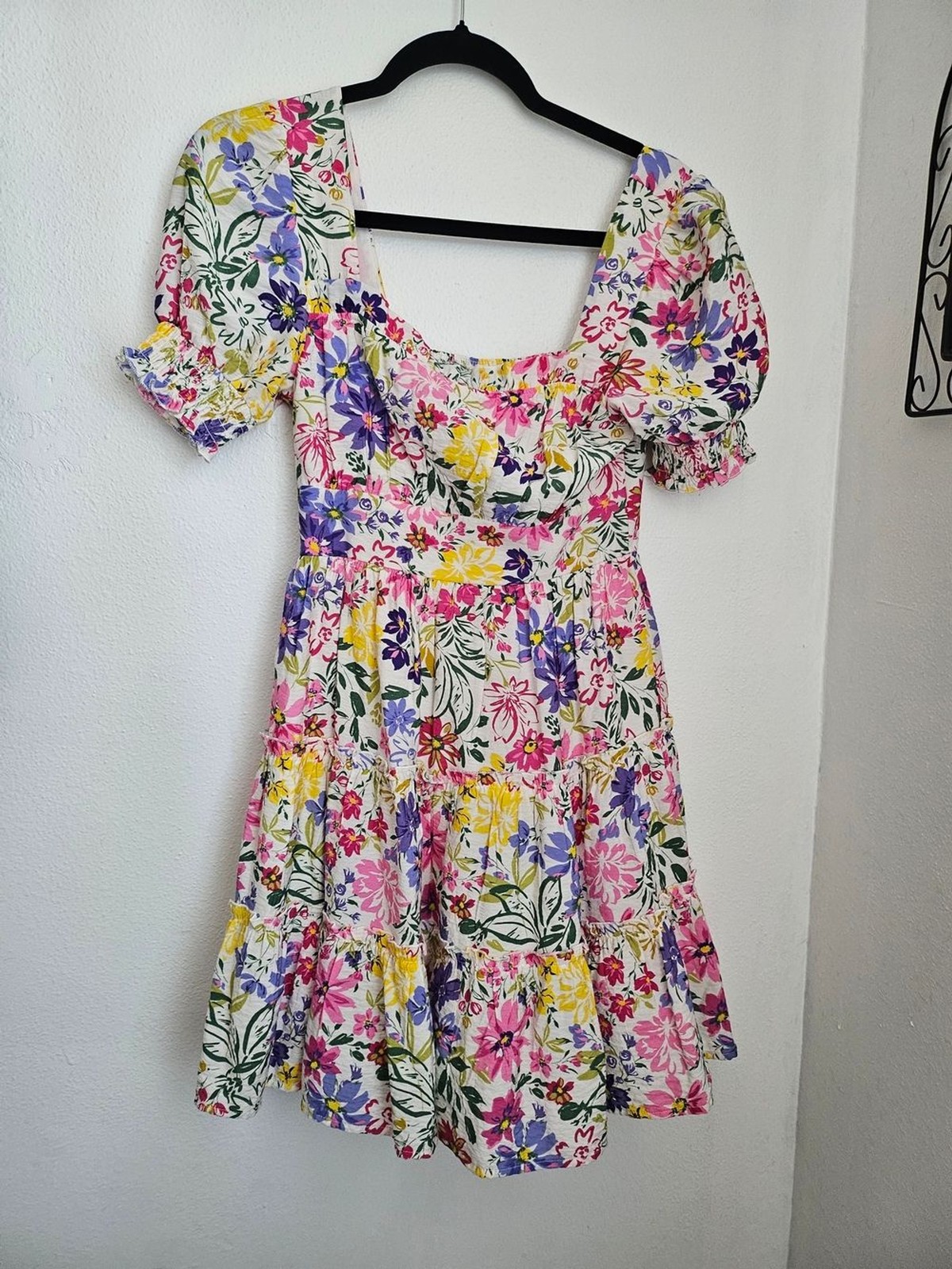 Floral Tiered Mini Dress – White, Pink, Yellow & Purple Boho Summer Spring Sz S