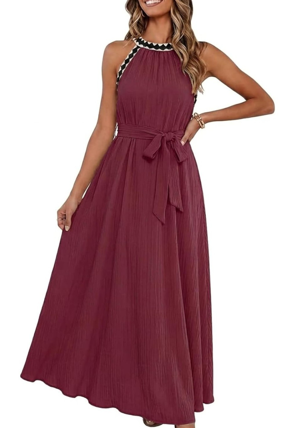 MEROKEETY Women’s Summer Halter Maxi Dress Spring Casual Boho Sleeveless w/ belt