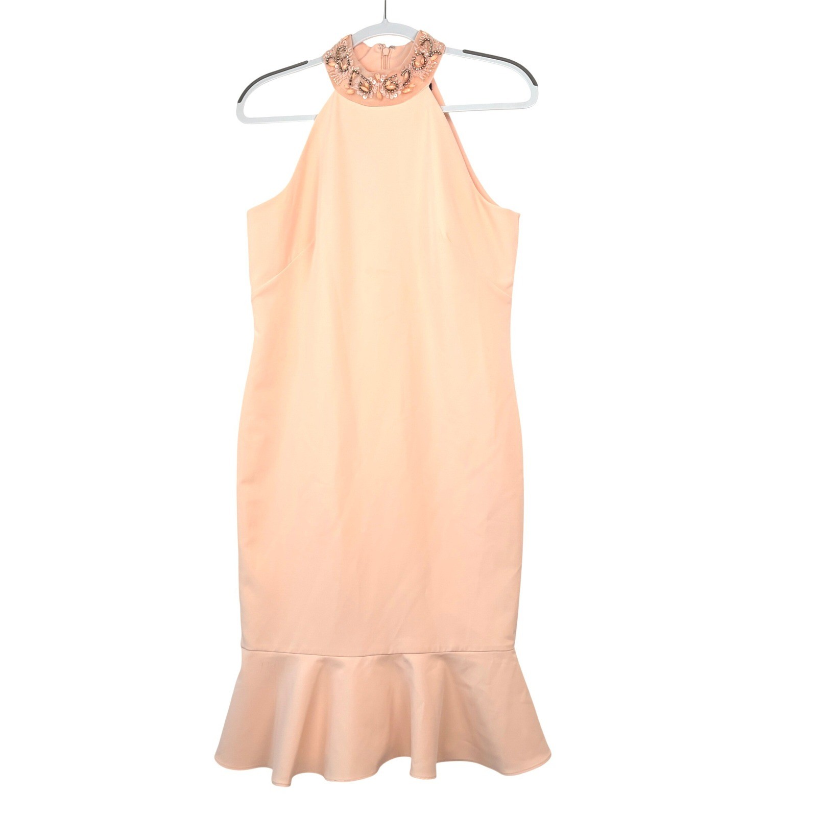 Peach Beaded Halter Ruffle Mermaid Hem Cocktail Dress Women Size M