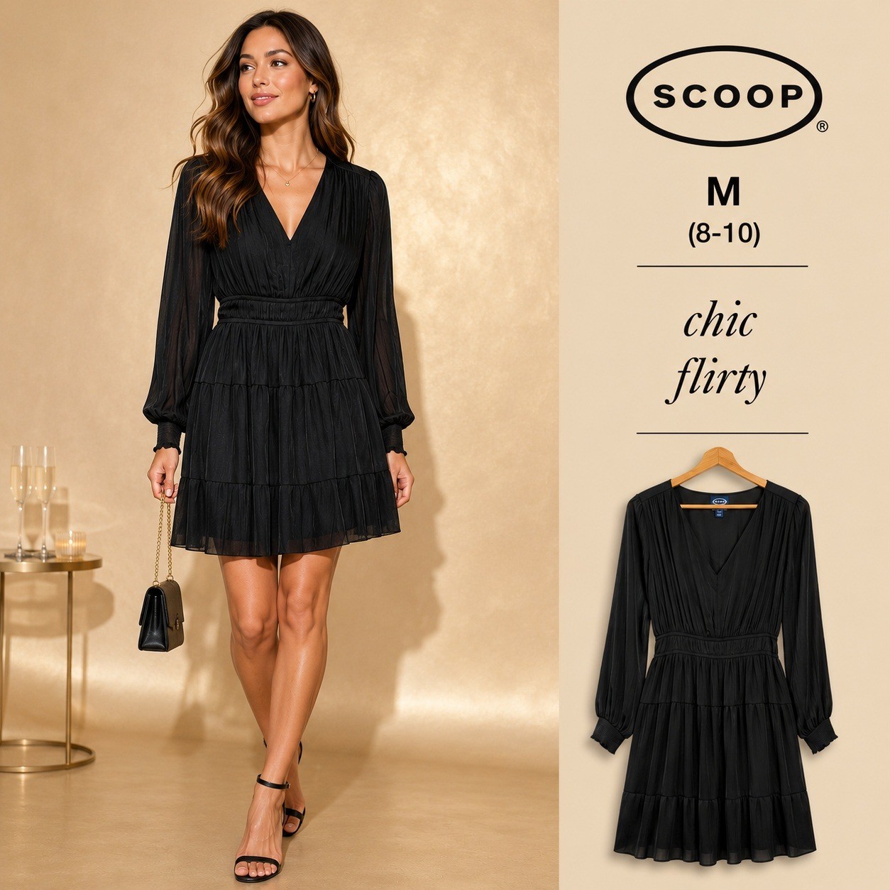 NEW Scoop V-Neck Plisse Mini Dress Women M Black Fit Flare LBD Pockets Going Out