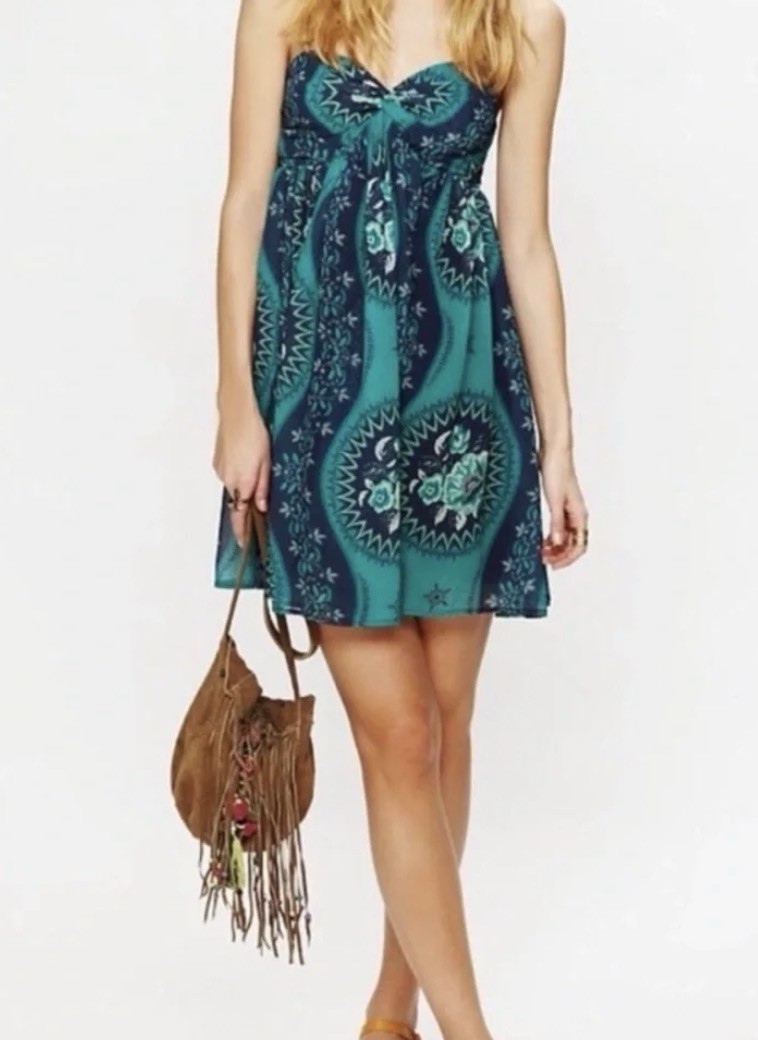 Free People Eternal Spring Mini Dress Floral Navy/Teal Flowy Boho Size XS