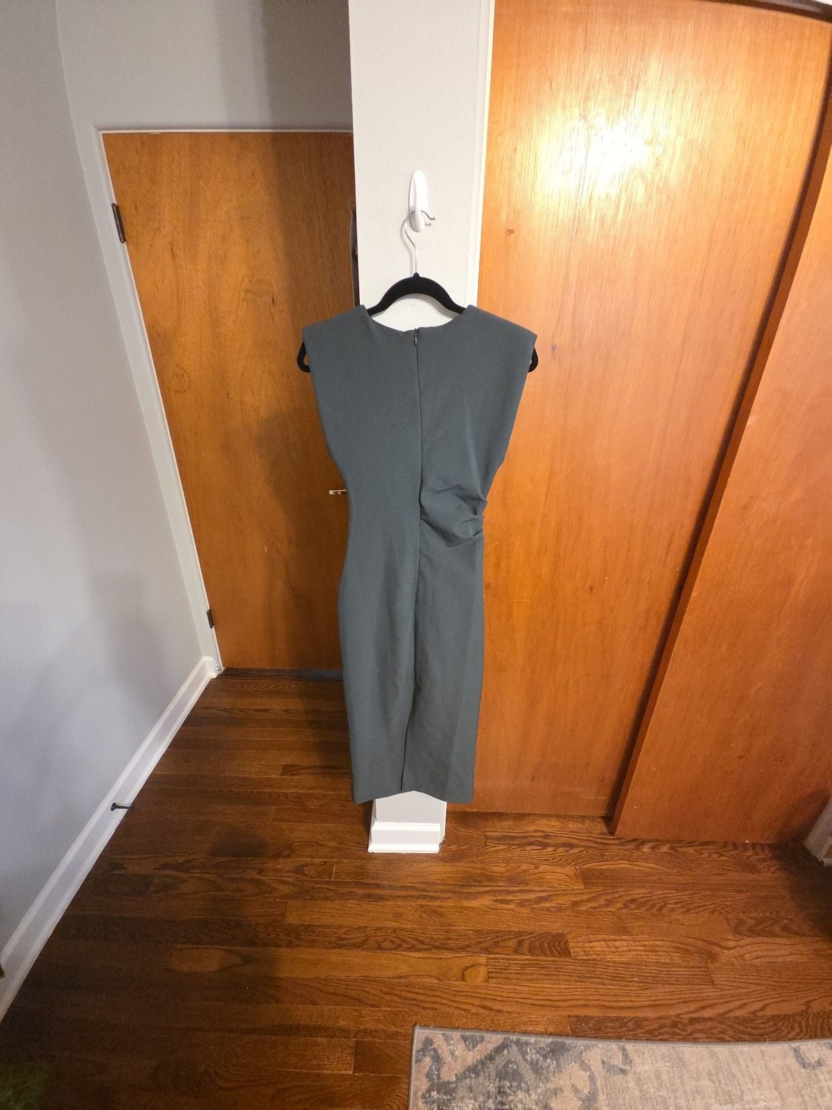 Zara Sleeveless Ruched Midi Bodycon Dress in Dark Green