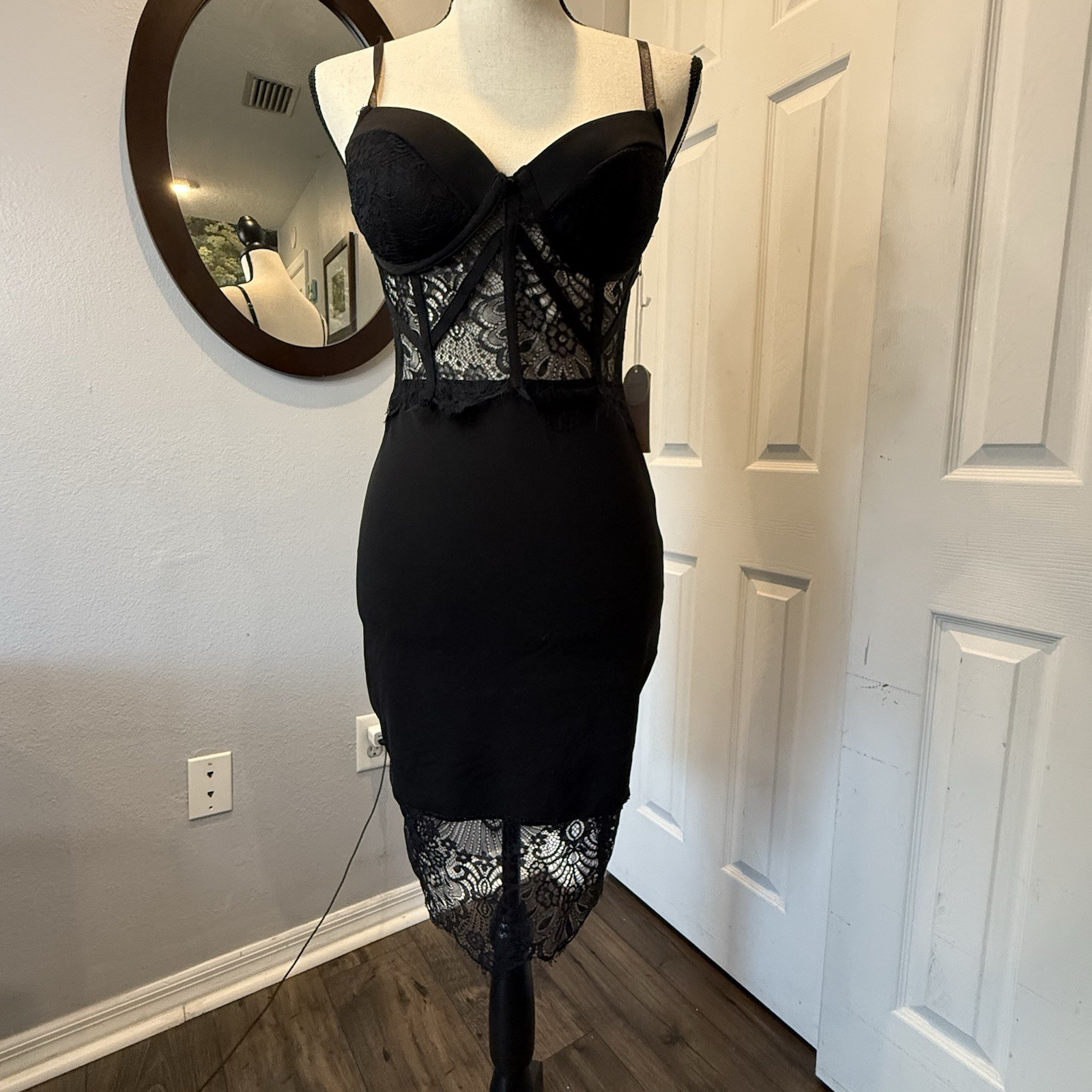 Blashe Babydoll Black Corset Midi Dress Sz S Sheer Lace Whimsigoth Cocktail NWT