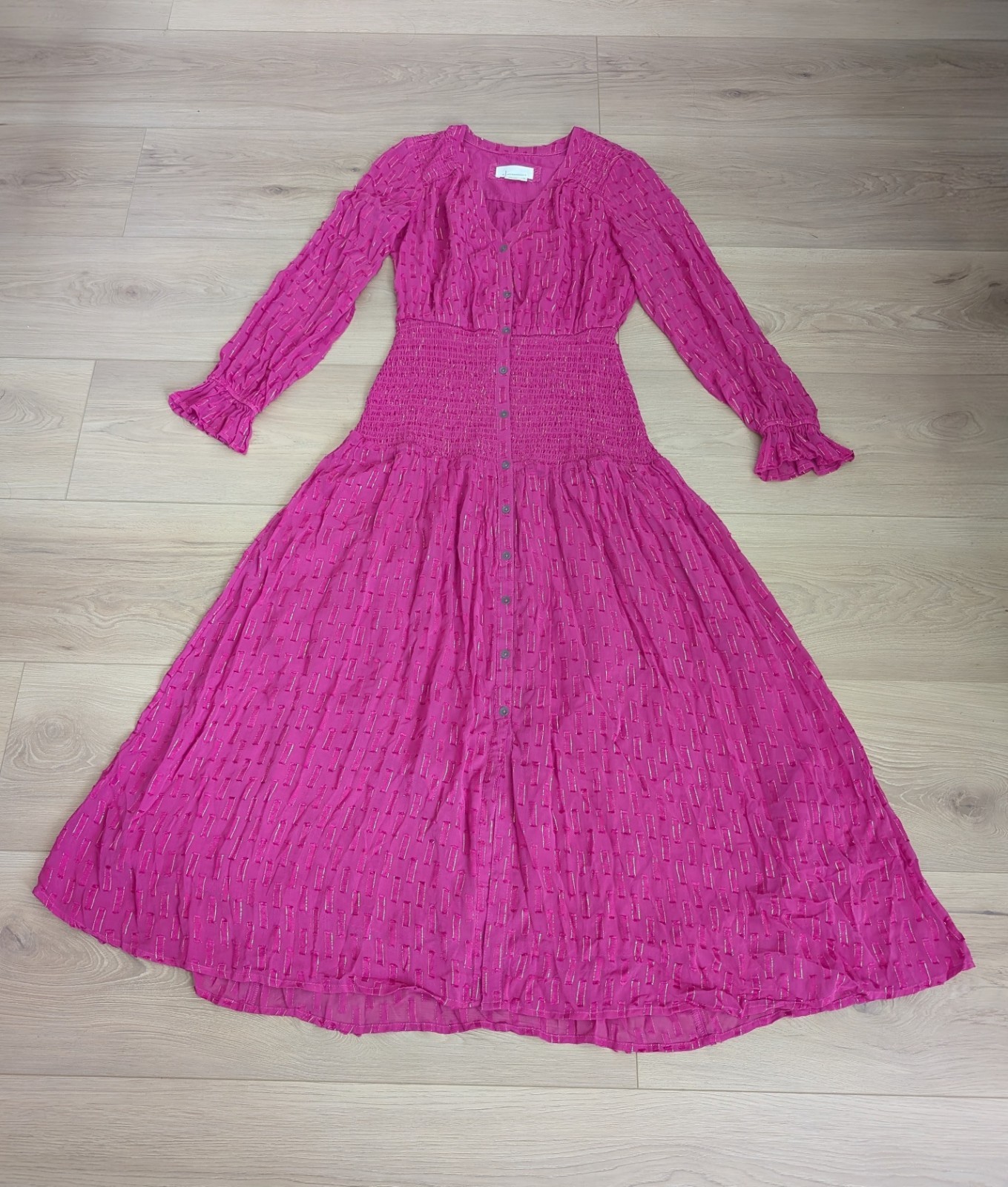 Anthropologie Smocked Long Sleeved Ruched Maxi Dress in Fuchsia Pink Size XS