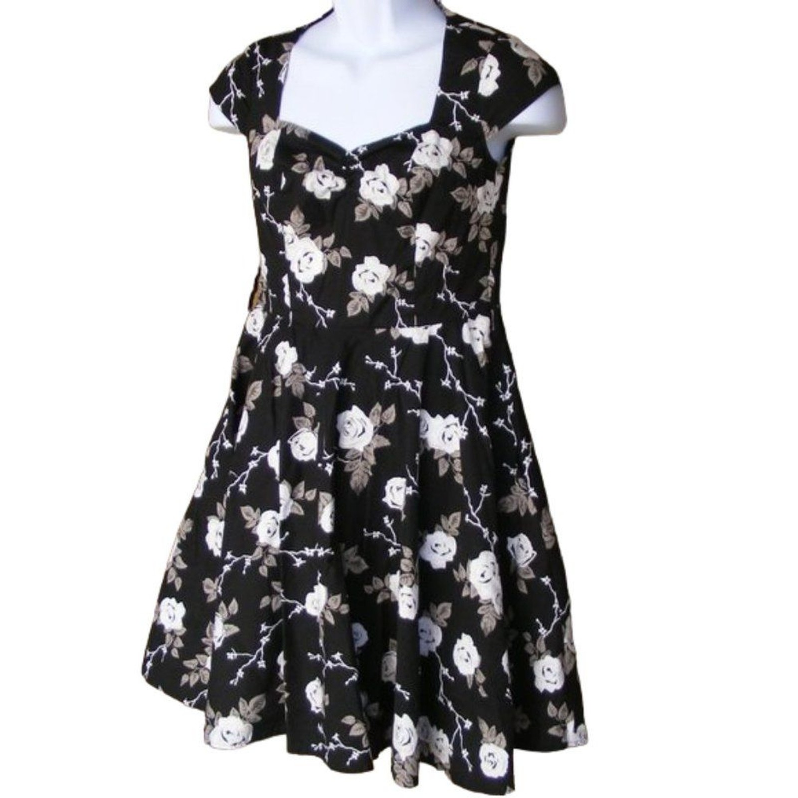 HELL BUNNY Vixen Dress, M, Swing, B&W Roses, Cap Sleeve, A-line, Retro, F&F