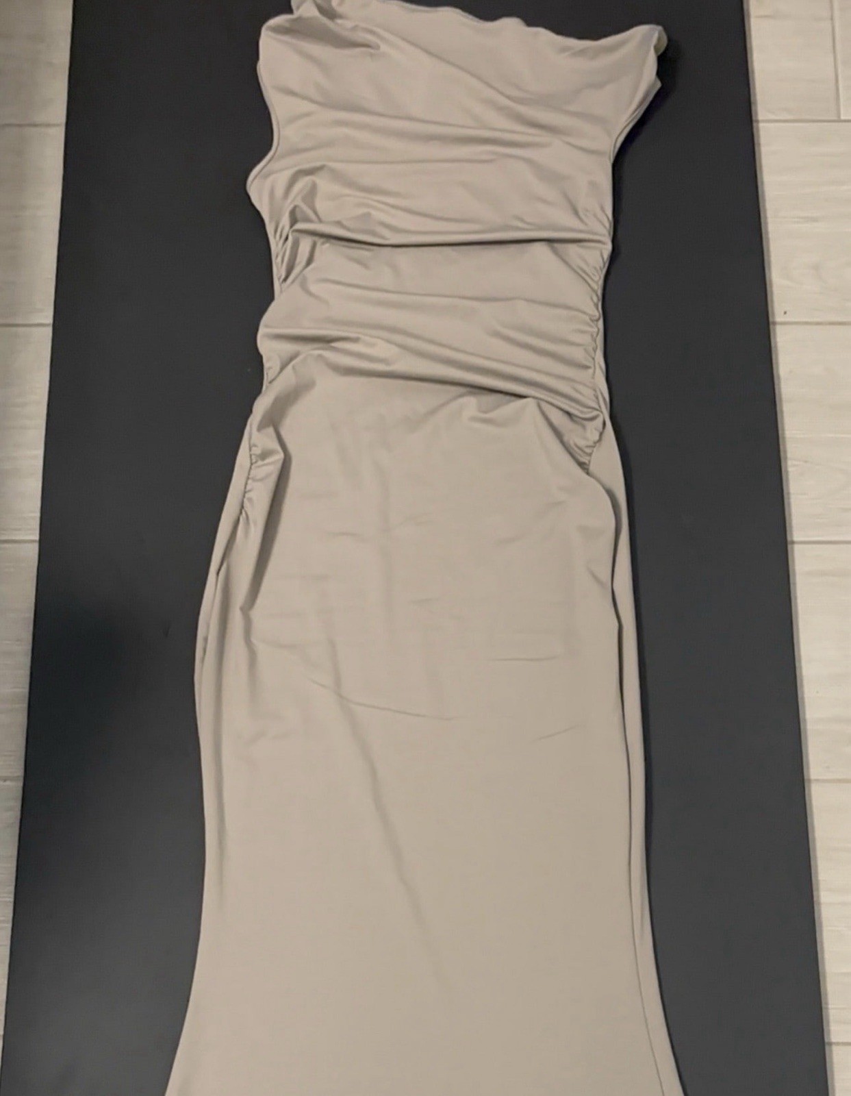 Off Shoulder Ruched Stretch Bodycon Maxi Dress, Beige Solid Jersey, Size XXS