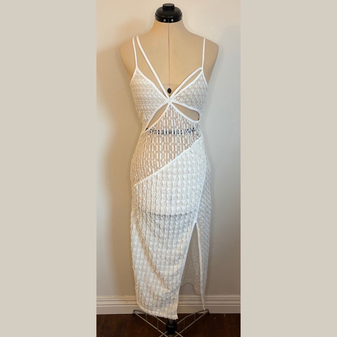 For Love & Lemons Tracy Knit Cutout Midi Dress in White, Boho Crochet Coverup, S