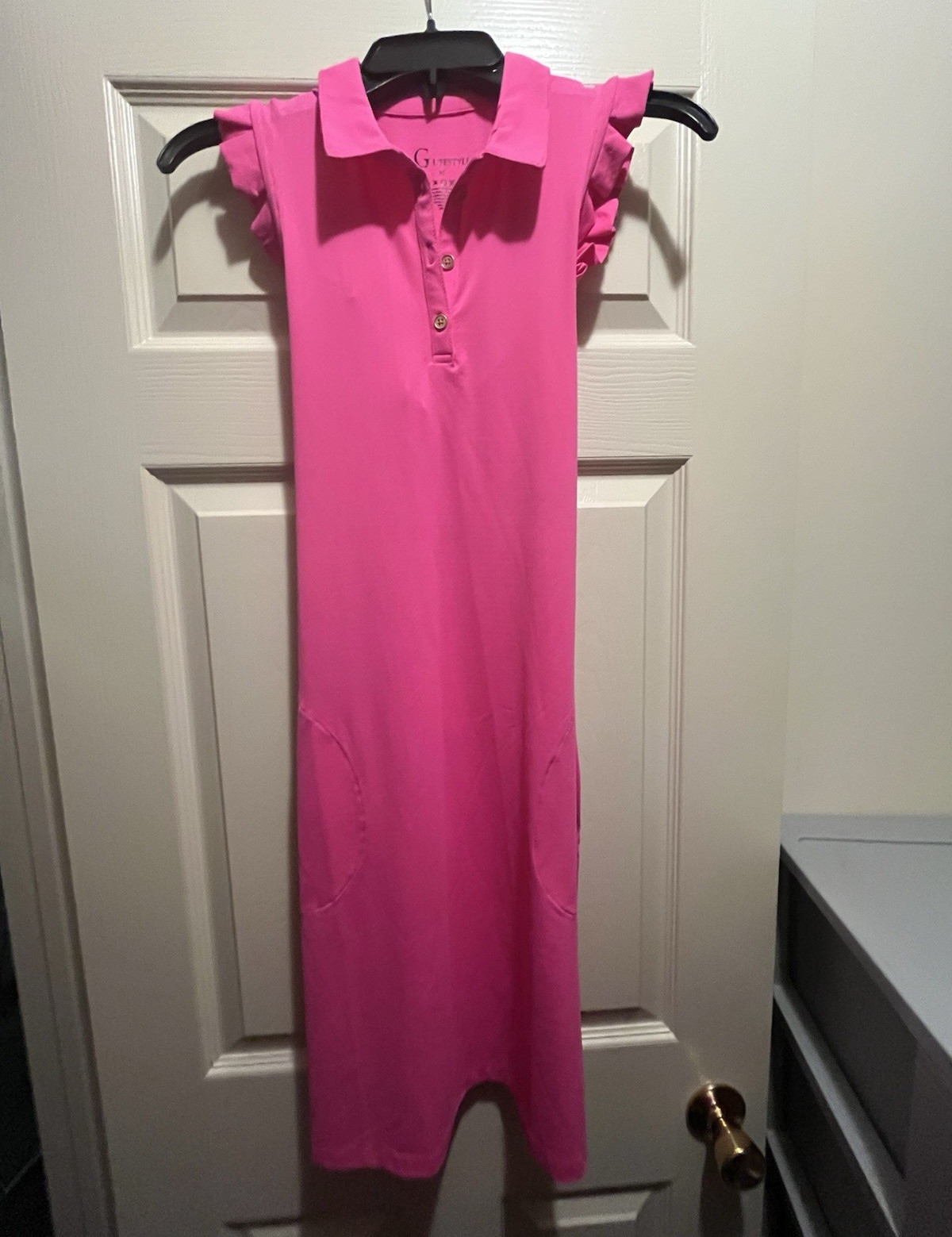 G Lifestyle Pink Solid Sports Collared Sleeveless Ruffle Button Midi Dress XS