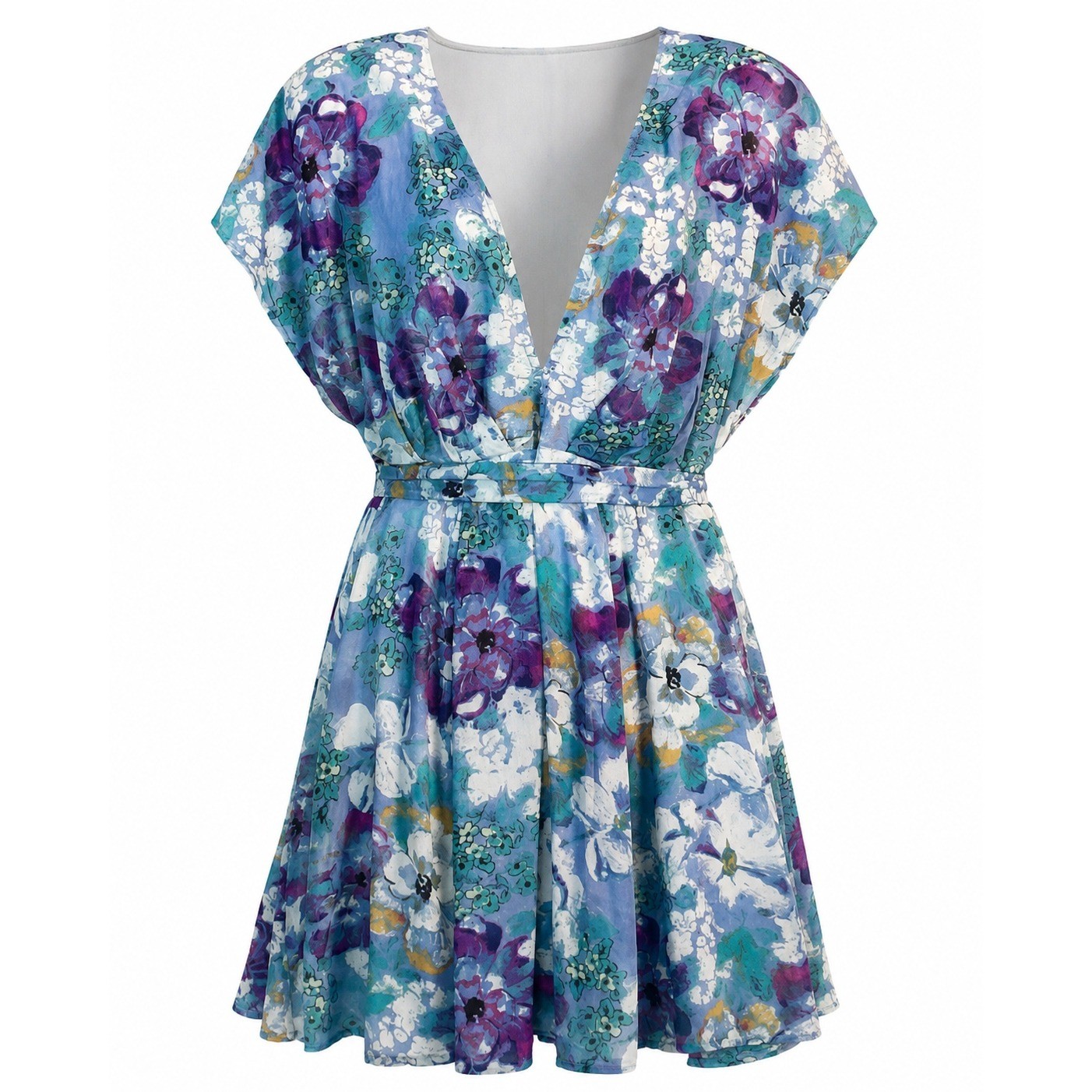 Free People Floral Mini Dress Womens Small Blue Purple Good Boho V-Neck Tie Back