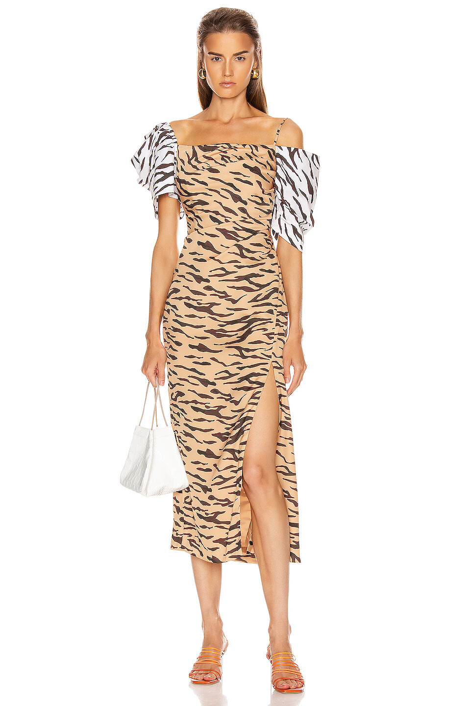 REJINA PYO Tiger Stripe Animal Print Satin Puff Off Shoulder Slit Dress 8UK 4US