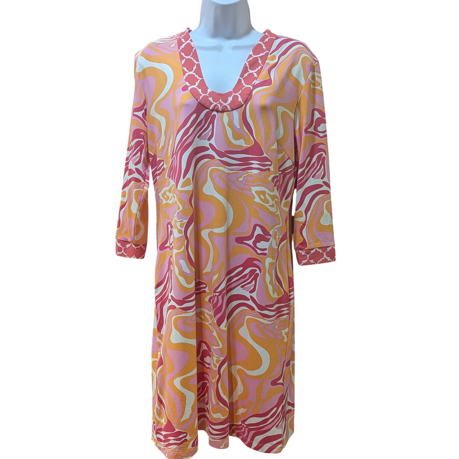 J.McLaughlin Scoop-Neck Tunic Dress Pink Orange Psychedelic Marble Print Large