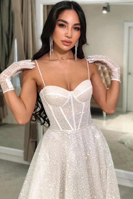 Beach Glitter Wedding Dresses V Neck Party Bridal Arabic Shiny Bridal Gowns