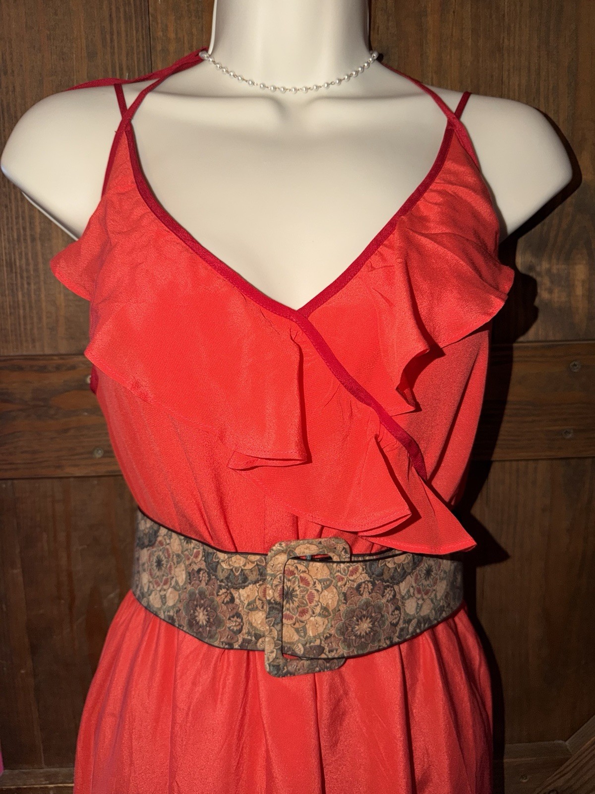 Anthropologie Womens Red V-Neck Strappy RuffleKnee Cocktail A-Line Dress Silk