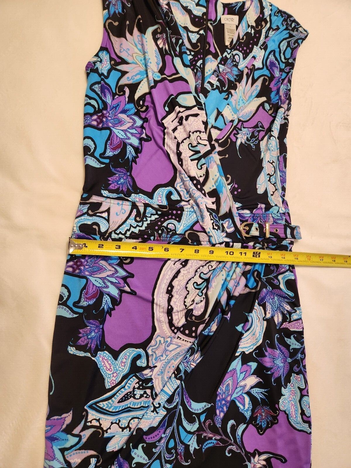 Cach’e Dress Sz-2 Blue Purple Paisley Floral w/Gold Accents Sexy Wrap Hip Buckle