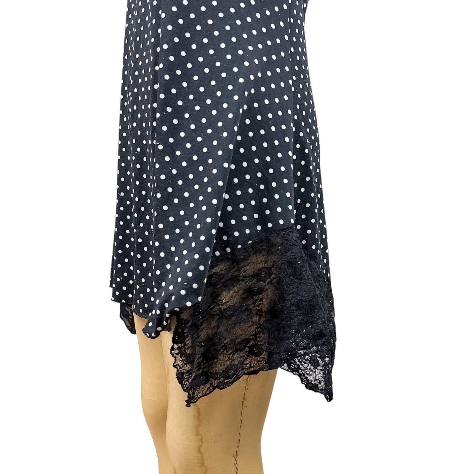 Y2K Polka Dot Mini Slip Asymmetrical Lace Hem Dark Coquette Babydoll Size M