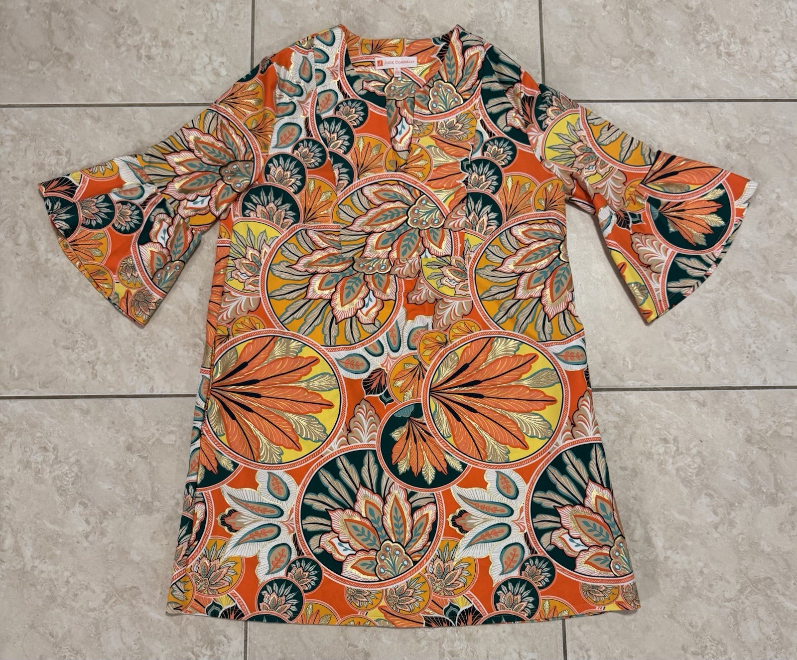 Jude Connally Women’s Kelly Swing Dress Midi Orange Coral Floral Made In USA S