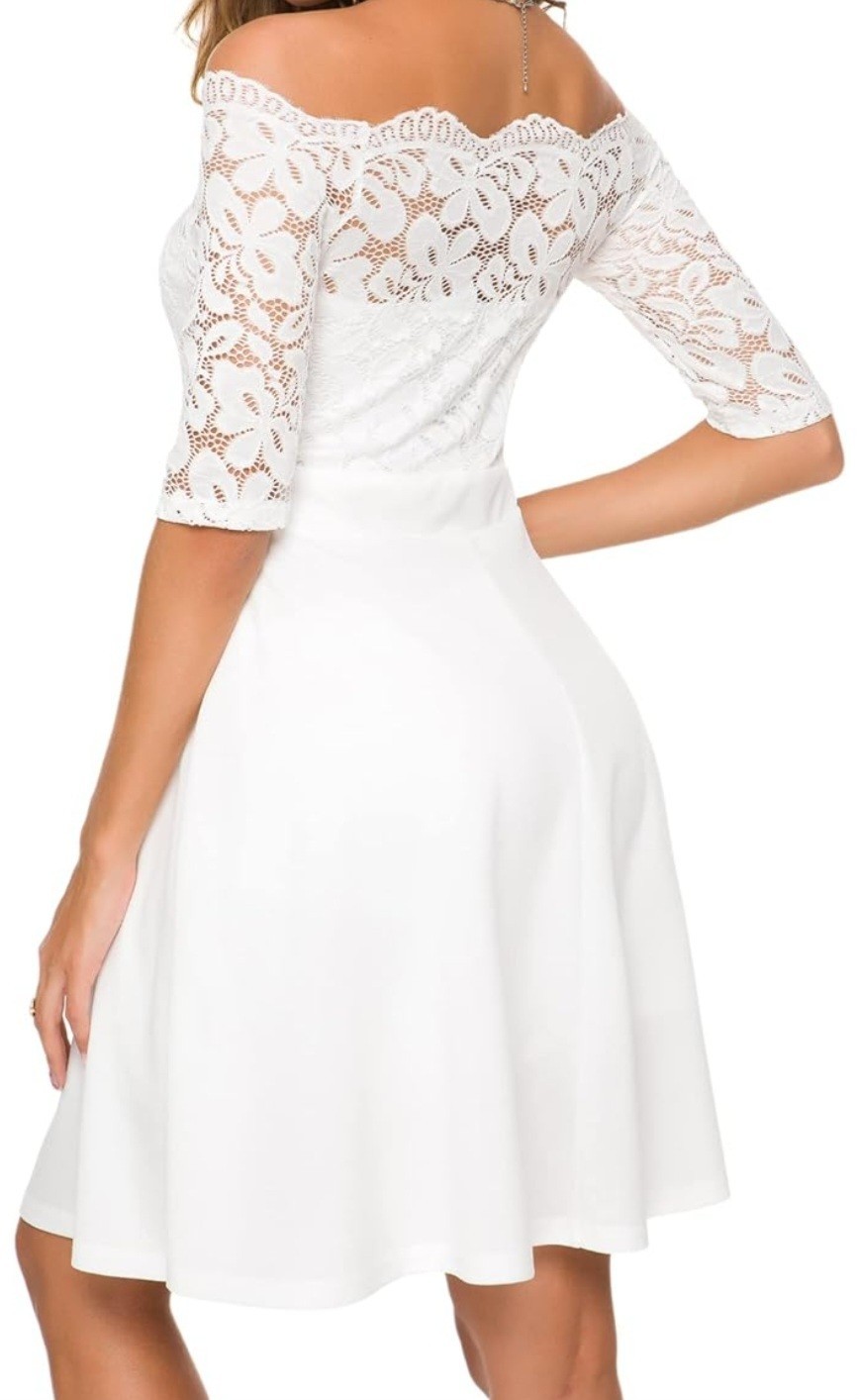 Athlewhi White Floral Lace Off Shoulder A-Line Knee Length Dress Size M (NEW)