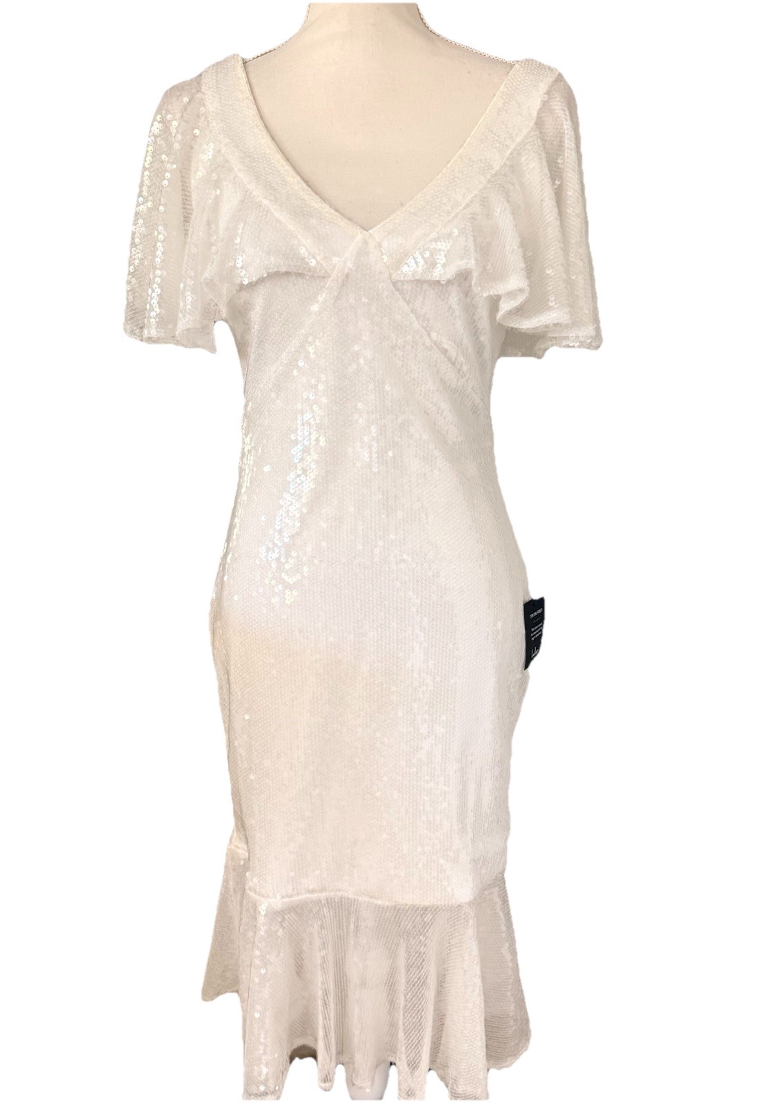 New W/Tags Lulus Iridescent Sequin Midi Dress Ruffle Neckline Sleeves Sz M