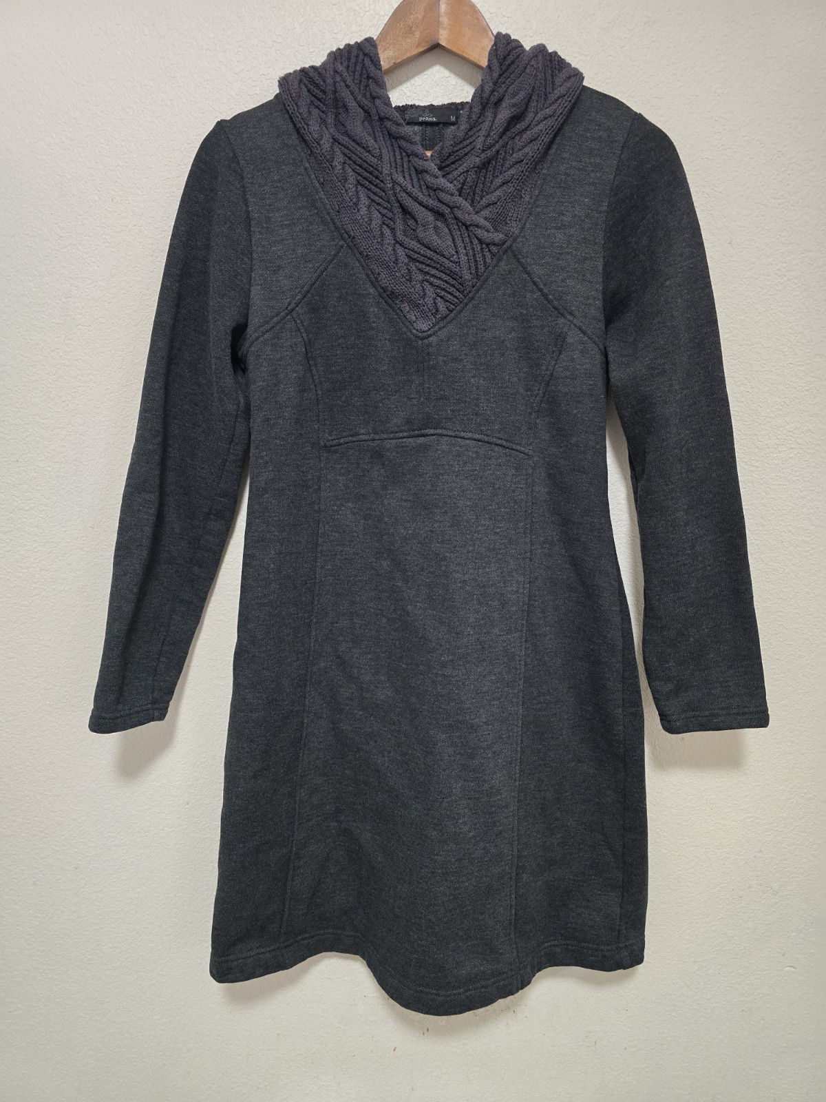 prAna Womens Cotton/Poly Cable Knit Hooded Maud Dress Size Medium Dark Gray