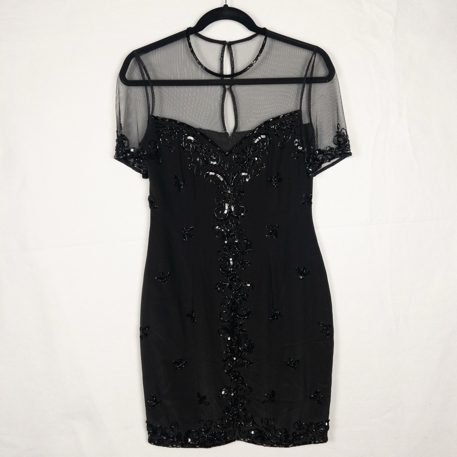 Vintage A.J. Bari Black Silk Beaded Cocktail Dress Illusion Mesh Size 6
