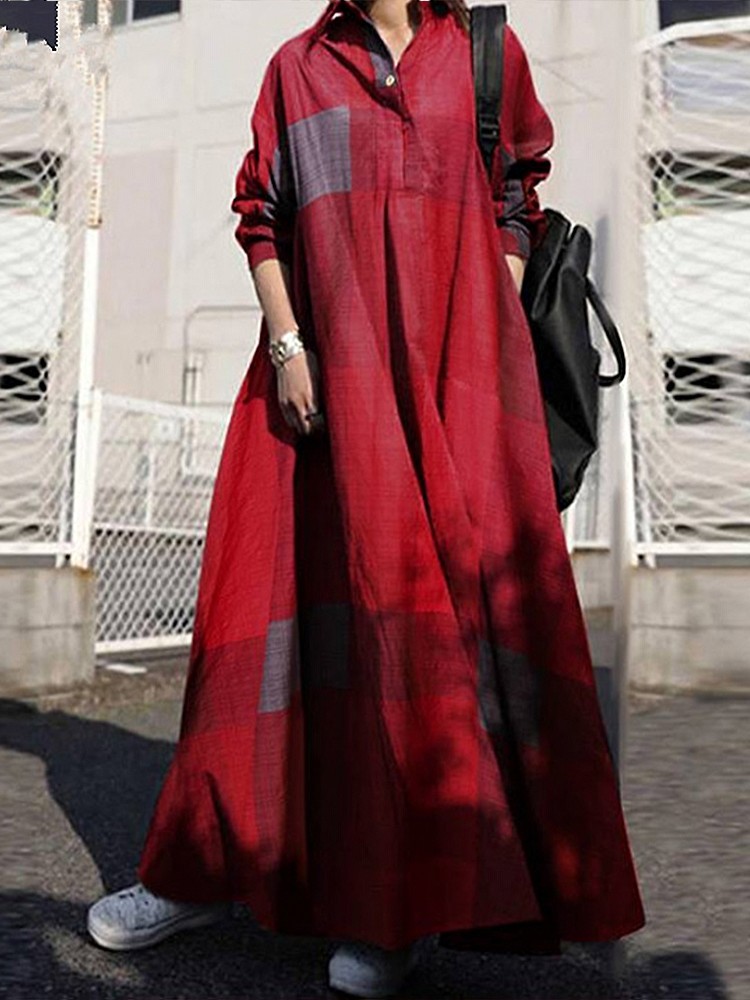 Spring Autumn Plus-Size Women Solid Casual Loose Cotton Linen Kaftan Shirt Dress