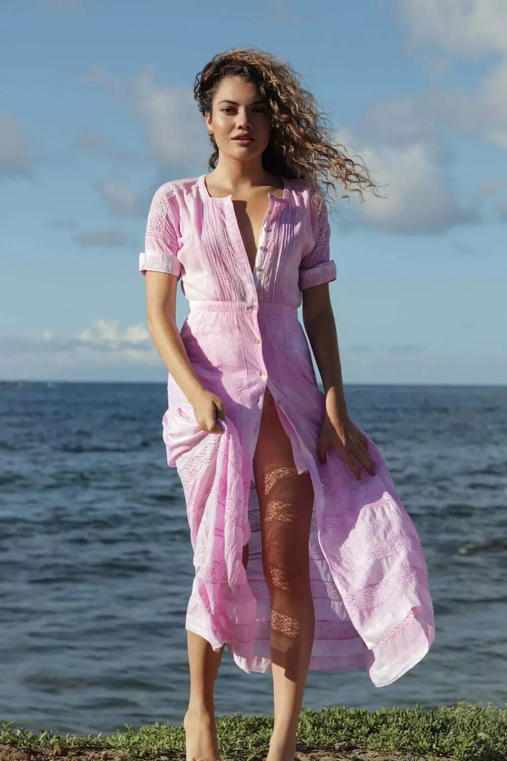 Love Shack Fancy Edie Dress S 6 Women Casual Button Down Tie Dye Midi NEW 38169