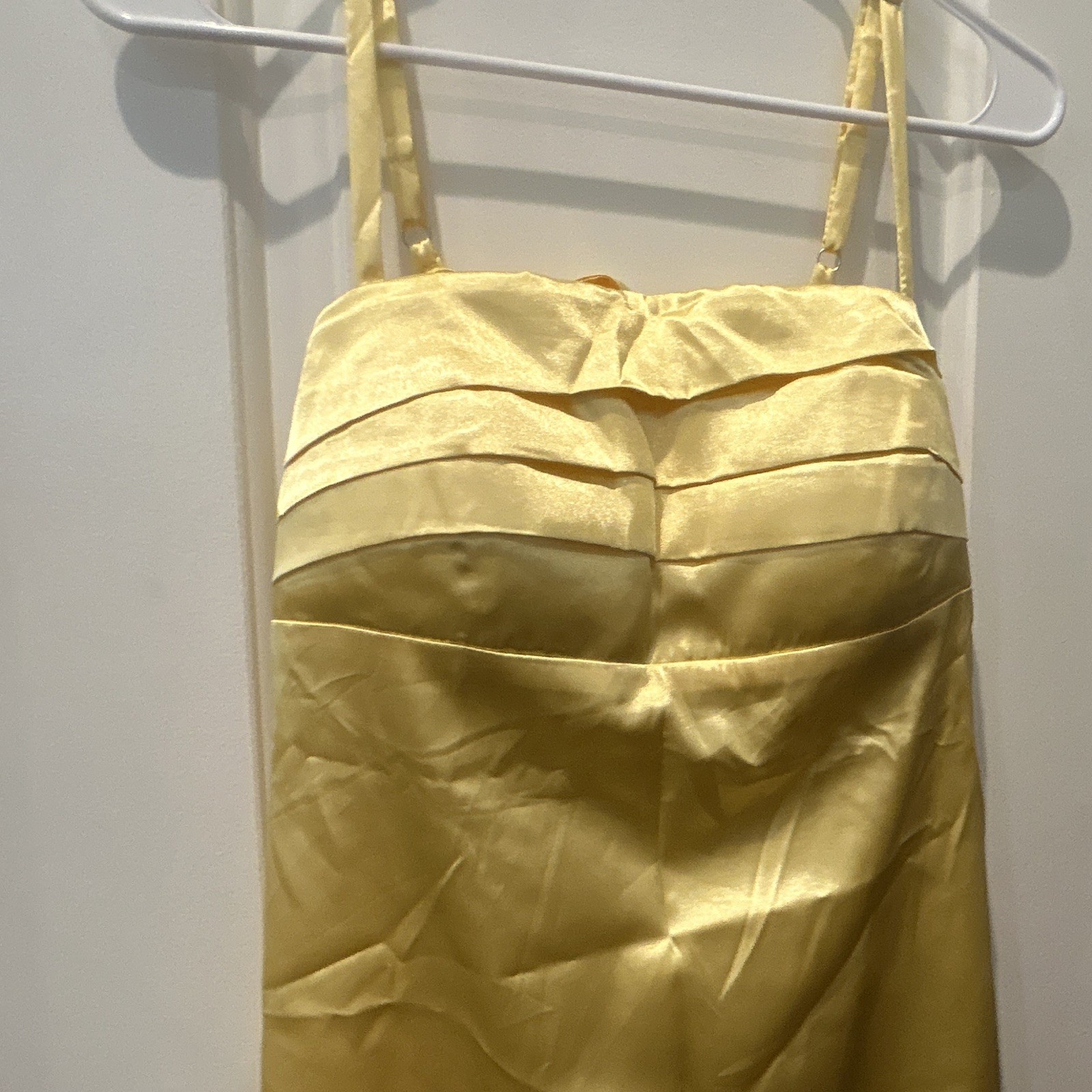 Yellow Satin Square Neck Spaghetti Strap Bow Pleated, open back Mini Dress 16