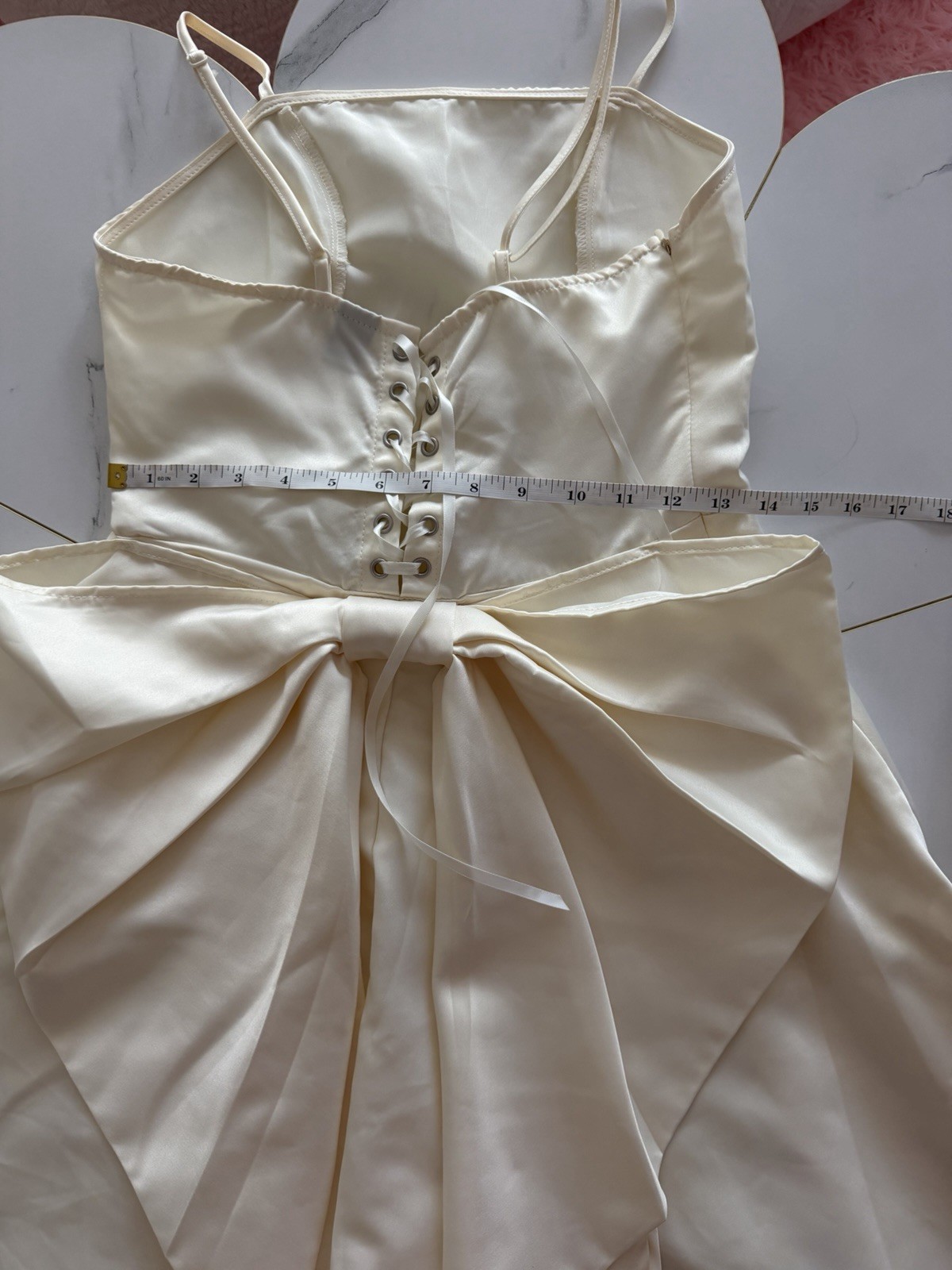 Ivory Solid Satin Mini Dress Square Neck Lace-Up Back Bow Straps Size M