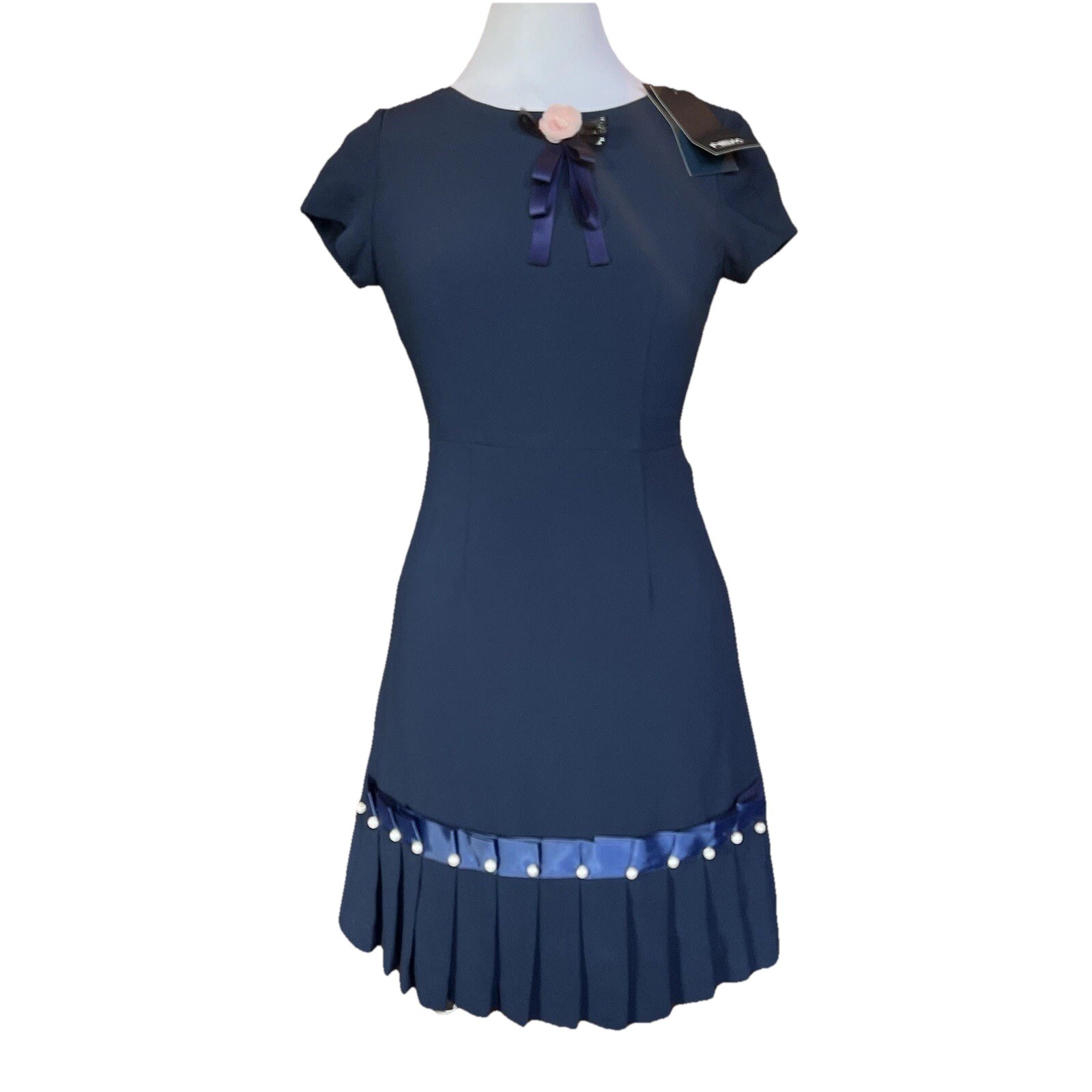 NWT NEM Navy Blue Fit & Flare Dress Size 4 Pearl Trim Pleated Hem Mod 60s Style