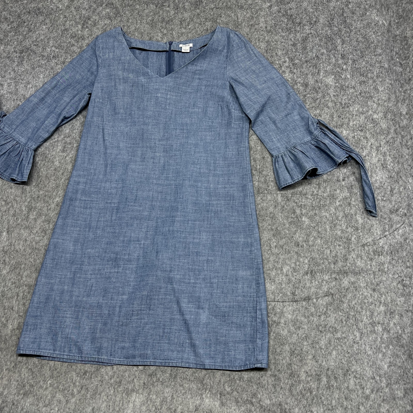 J Crew Dress Womens 2 Blue Chambray Tie-Cuff Bell Sleeve Shift V Neck H5485