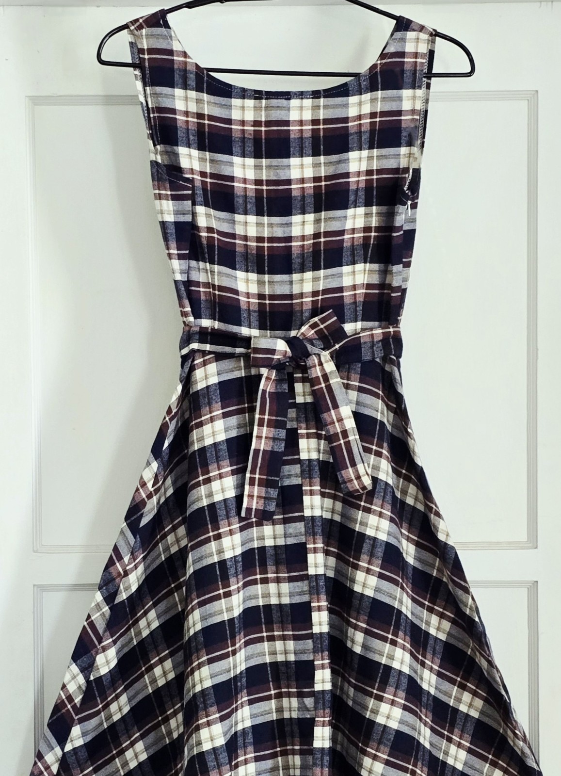 Blue Brown White Plaid Cotton Blend Sleevless Fit & Flare Midi Dress – Size S