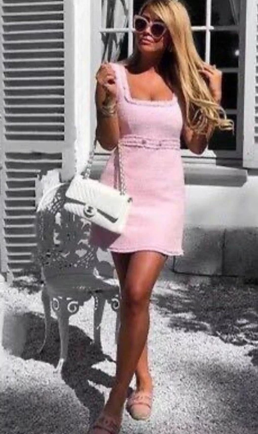 ZARA Pink Fitted Frayed Trims Tweed Boucle Gem Stone Button Mini Dress LARGE L