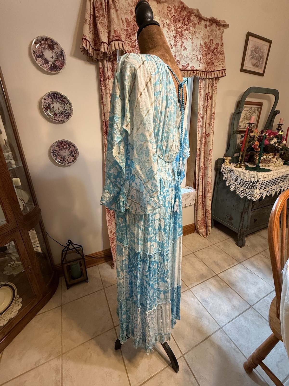 Blue White Boho Maxi Dress Size M Embroidered Lace Tassel Cottagecore Beach