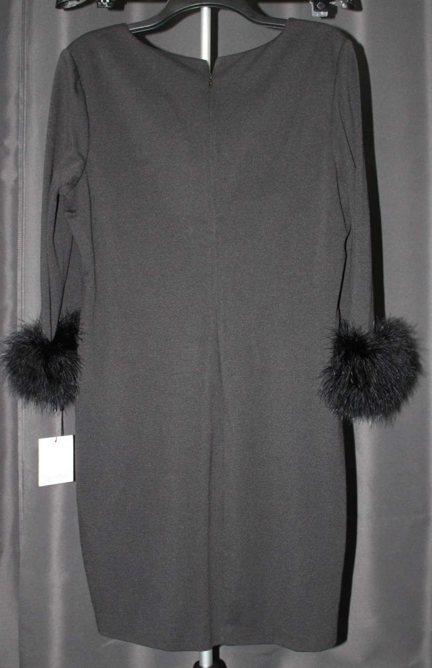 Calvin Klein Black Sheath Stretch Ponte Fur Cuffed Sleeve Dress
