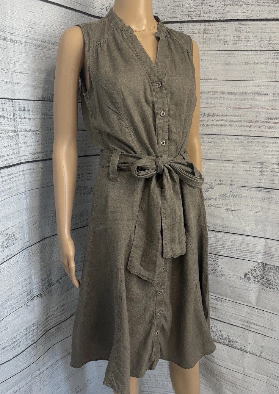 Malvin 100% Linen Sleeveless Button Midi Dress S Gray Belted Fit Flare Casual